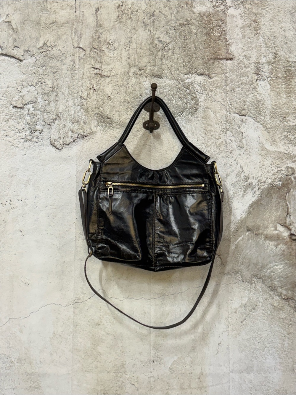 HOBO Black Leather Shoulder Bag with Gold Hardware